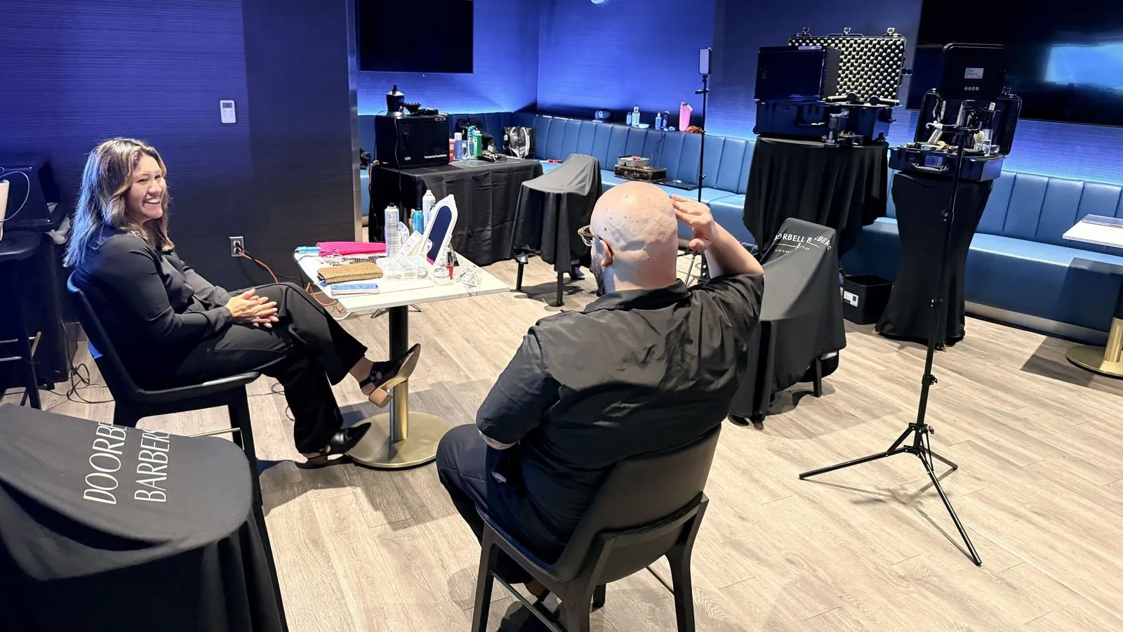 Doorbell Barbers backstage wellness suite with branded barber stations at PeoplesBank Arena