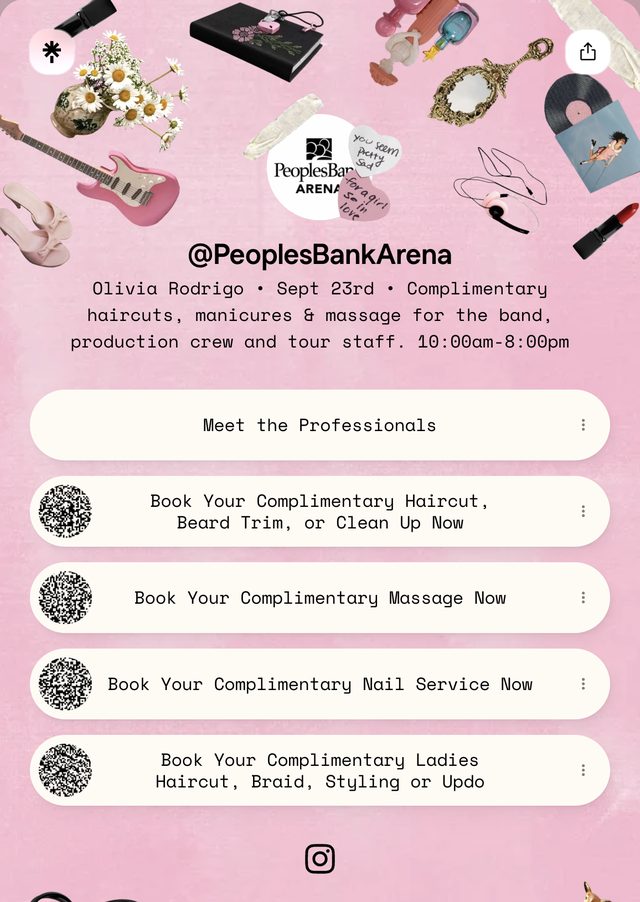 The PeoplesBank Arena booking page for the Olivia Rodrigo show, with buttons to book haircuts, massage, nails and hair styling