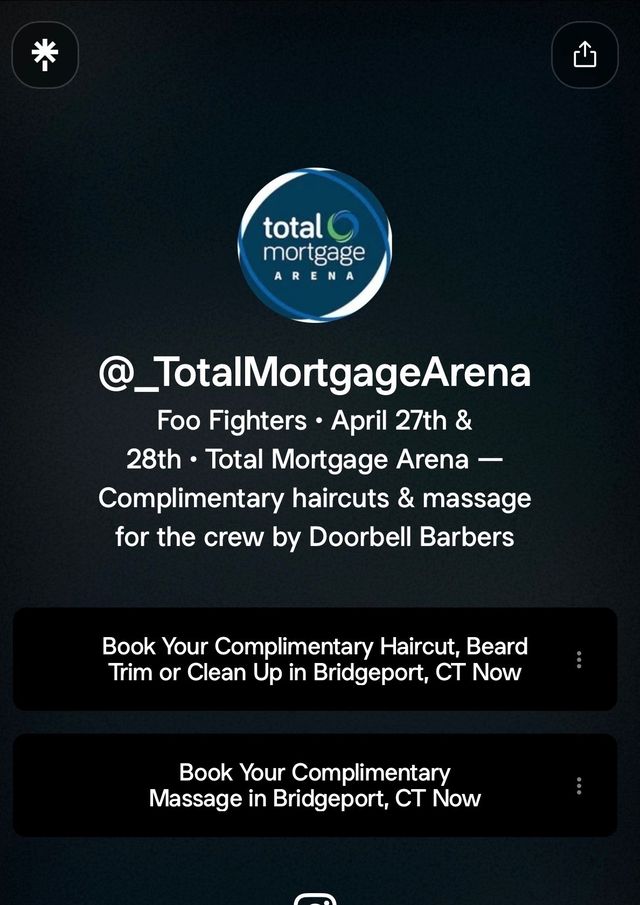 The Total Mortgage Arena booking page for the Foo Fighters shows, with buttons to book haircuts and massage