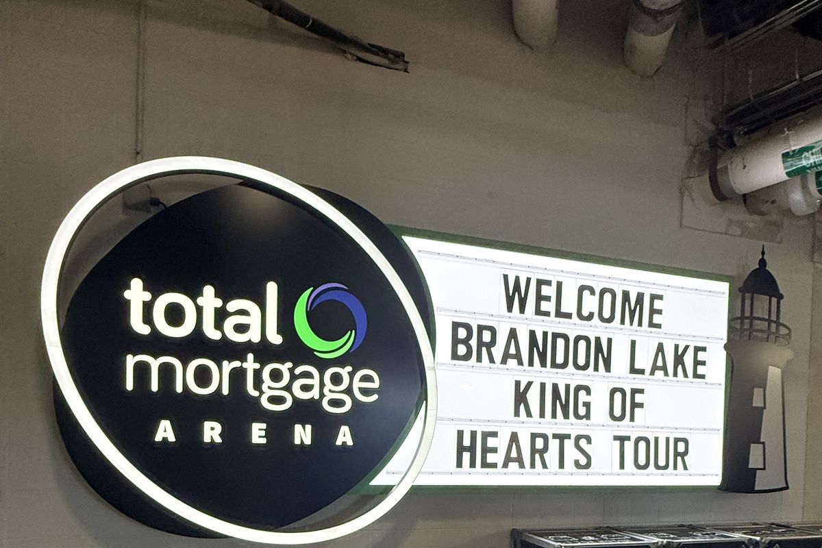 Total Mortgage Arena sign with a marquee welcoming Brandon Lake's King of Hearts Tour